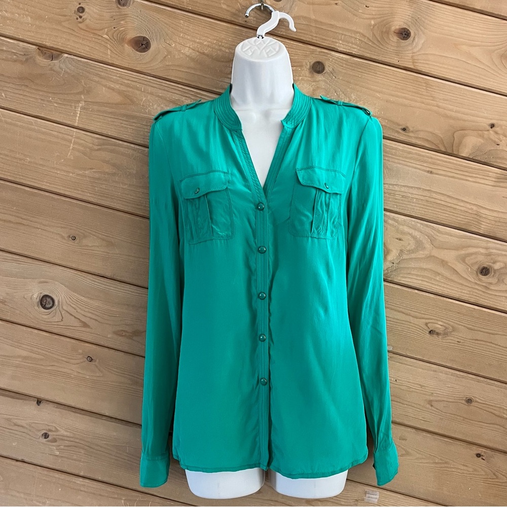 Cache Green V-neck Long Sleeve Snap Button Front 100% Silk Shirt Blouse Top S